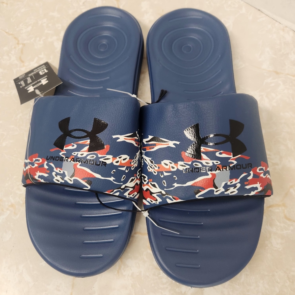 UA Under Armour Mens Ansa Red White Blue Sandals Slides Sz 13 New